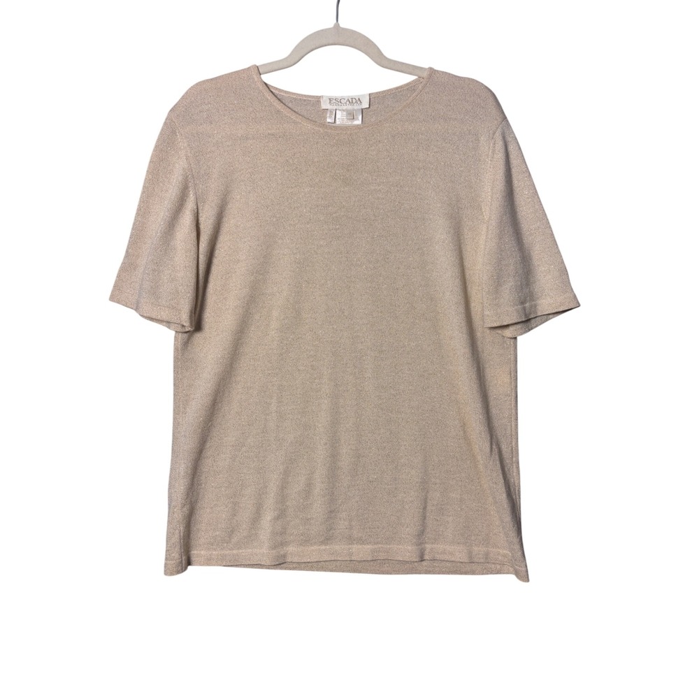 Escada Womens Knit Top 42 Gold Metallic Virgin Wool Shimmer Quiet Luxury